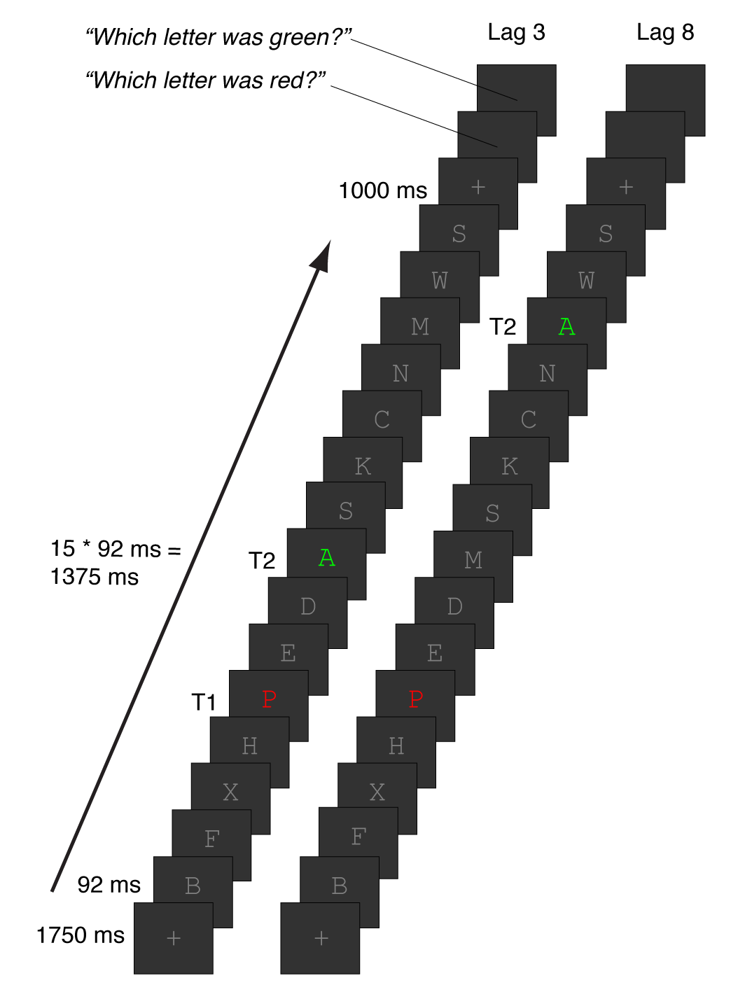 Attentional blink task. Participants viewed rapid serial visual presentation streams of 15 letters, all of which were distractors (gray letters) except for T1 and T2. T1 was presented in red at position 5; T2 was presented in green and followed T1 after 2 distractors (lag 3, inside the AB window) or 7 distractors (lag 8, outside the AB window). At the end of the trial, participants reported the identity of T1 and then T2 (self-paced).